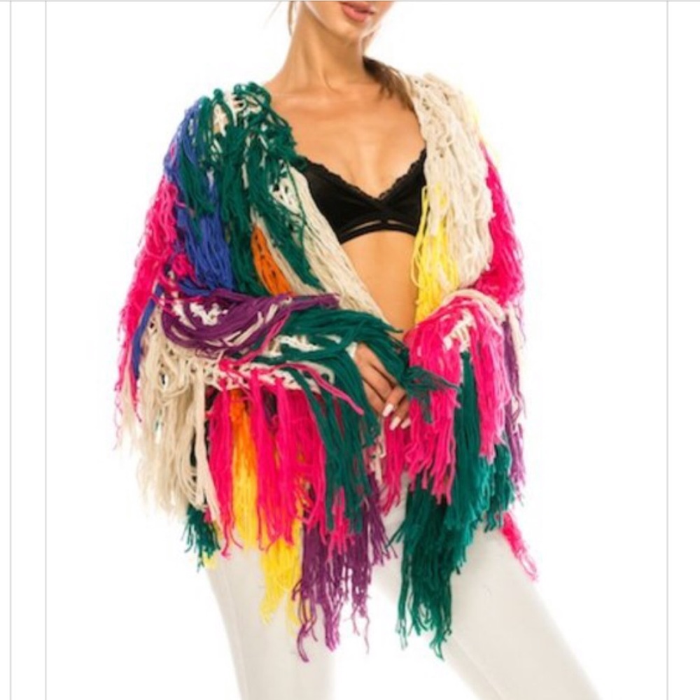Multicolor Fringe Open-Front Women's Cardigan Sweater